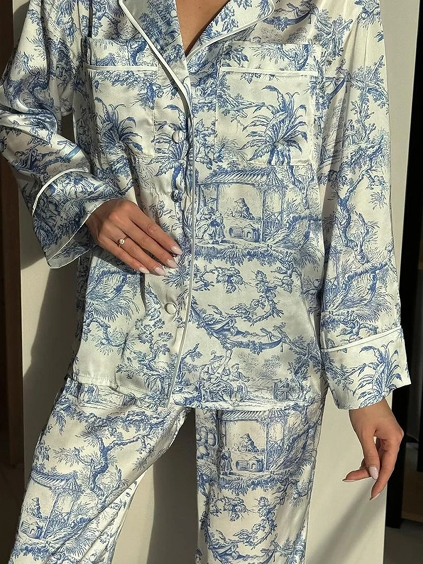 Marthaqiqi Fashion Women'S Nightwear 2 Piece Set Long Sleeve Pajamas Sexy Turn-Down Collar Sleepwear Pants Loose Nightgowns Suit