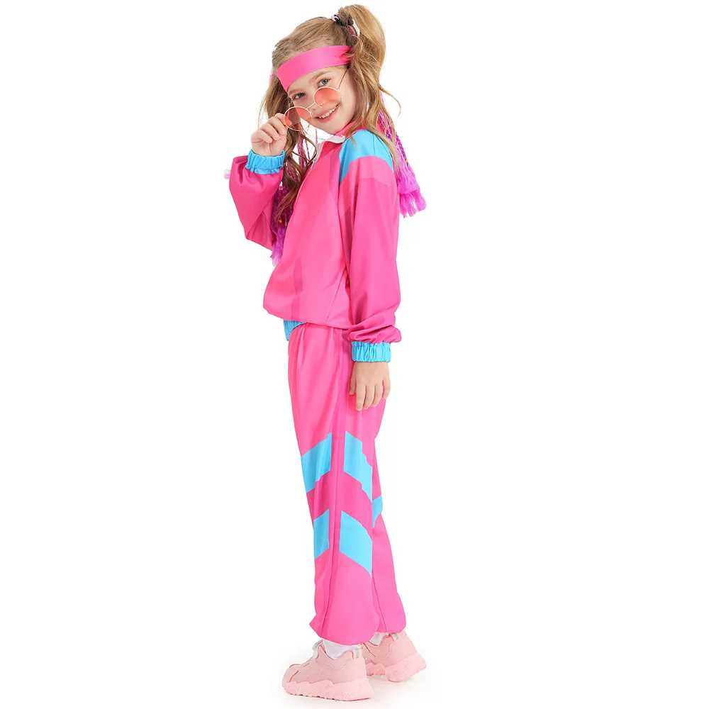 Kids 80s Retro Hippie Disco Dance Costume - Blue & Pink Jacket & Pants Set For Dress Up & Cosplay