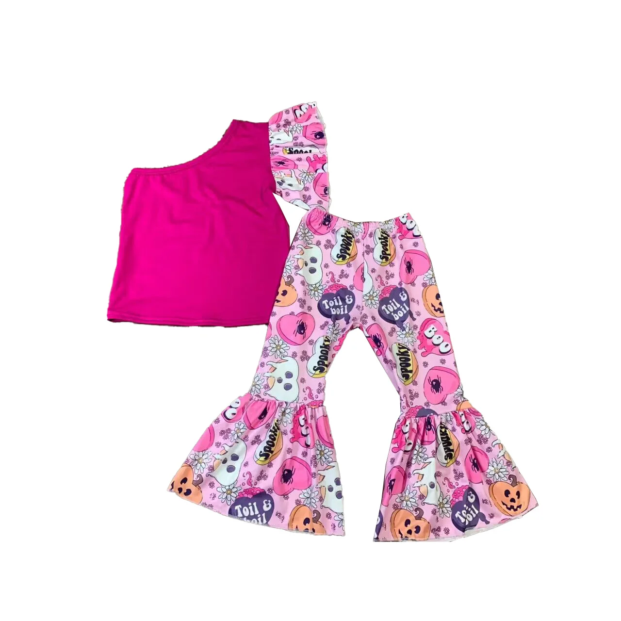 

Halloween new style design girl clothes Single shoulder design top + flare pants set pumpkin pattern milk silk fabric