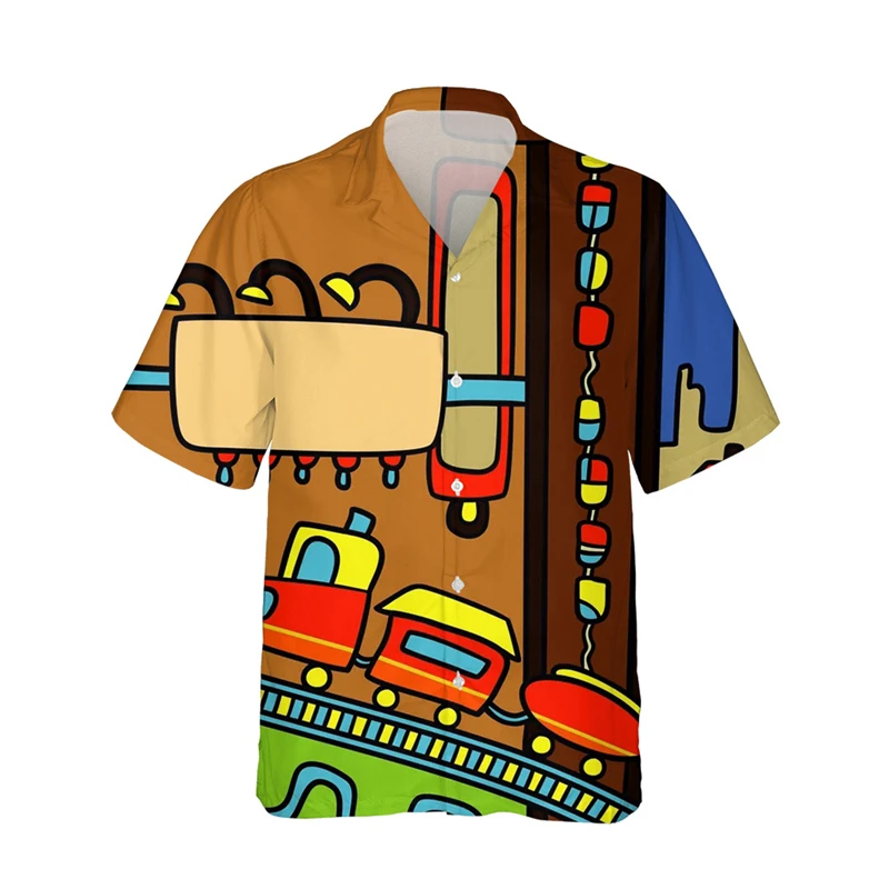 thumbnail image 1 of Camisas de mini tren para hombre, ropa hawaiana de verano, camiseta de manga corta, suelta, para vacaciones, playa, social, con solapa, estampado 3D, camisa vintage 2023, 1 of 5