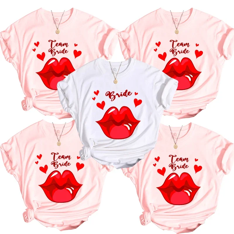 New Team Bride Magliette Rosa Nero Sposa Damigella D'Onore Matrimonio Top Tee Y2K Vestiti Estetici Donna Chic Red Lips Hen Party Tees
