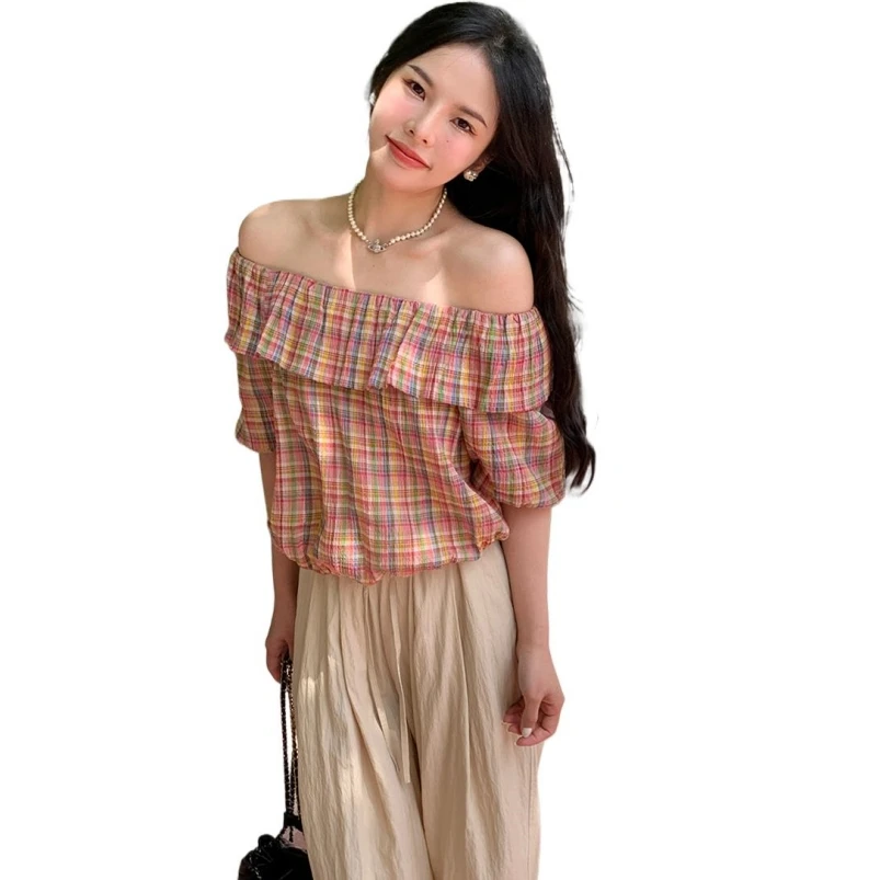 

Summer New Women Cotton Design Sense Sexy Slash Neck Crop Tops Plaid Puff Sleeve Streetwear Comfortable Loose Fashion Blouses