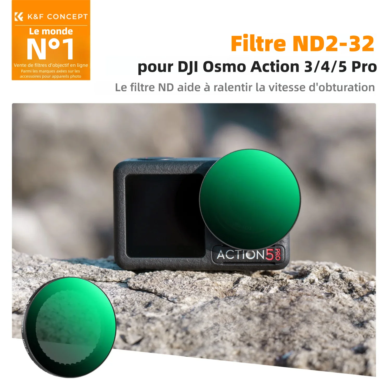 Filtre ND variable K&F Concept pour DJI Osmo Action 5 Pro / 4 / 3, avec sa bague de réglage en métal et son verre optique.