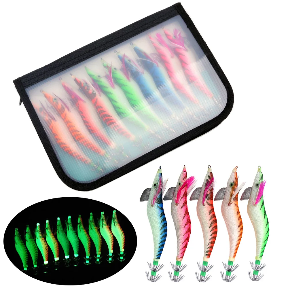 

10Pcs Fishing Lure Squid Jig Hook Wooden Shrimp Artificial Fishing Lures Octopus Cuttlefish Shrimp Hard Fishing Bait with Bag