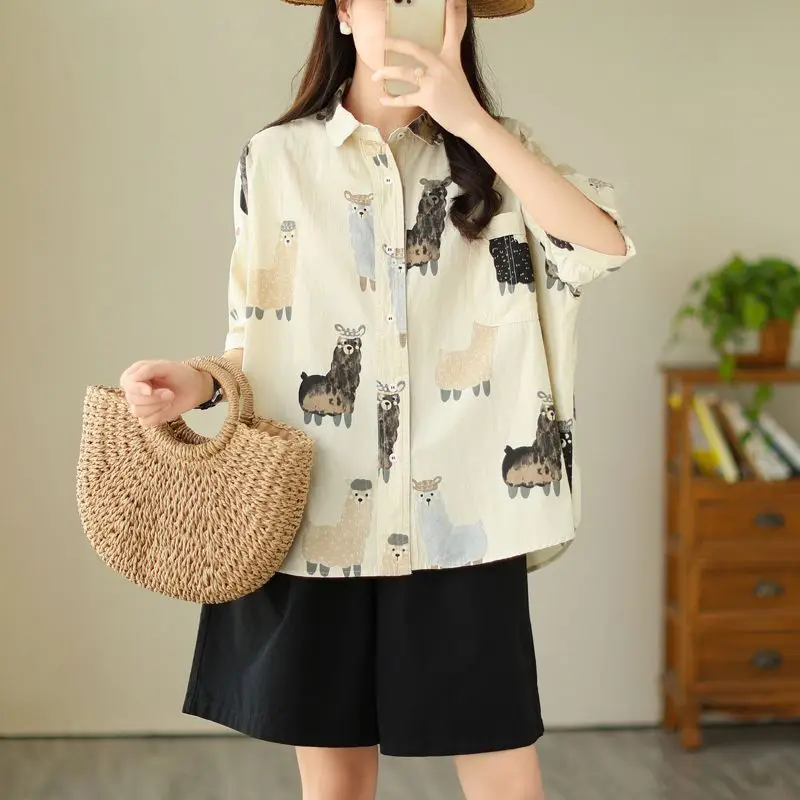 Elegant Fashion Harajuku Slim Fit Female Clothes Loose Casual All Match Tops Women Printed POLO Collar Button Short Sleeve Blusa