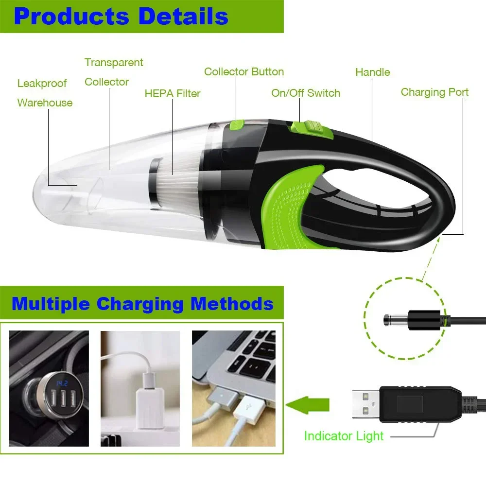 120W 6500pa Strong Power Car wireless handheld vacuum cleaner 12V USB charging line Auto Portable vacuum cleaner for home Office 3