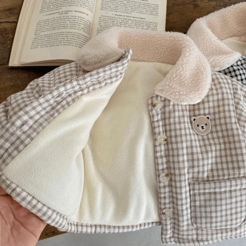 Newborn Baby Girl Boy Bear Fleece Inside Jacket Infant Toddler Child Cotton Padded Coat Warm Plaid Outwear Baby Clothes 9M-3Y