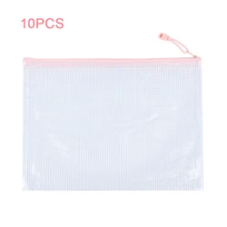 Set of 10 Waterproof Mesh Zipper Pouch Document Bags for Office and School Supplies Storage (Pink 10PCS)