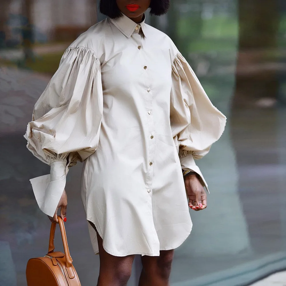 

Wepbel Loose Shirt Dress Women Solid Color Casual Long Puff Sleeves Shirt Mini Dress Single Breasted Sexy Cardigan Dress