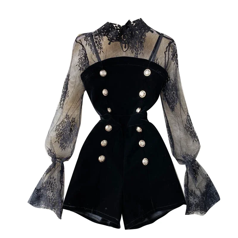 Autumn Elegant Long Sleeve Mesh Lace Shirt + Tube Top Double Breasted Slim Jumpsuit Two-Piece Rompers Sexy Bodysuit Black Woman