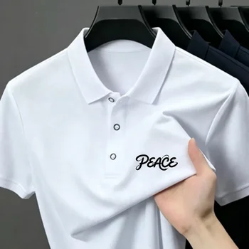 Polo da uomo con risvolto, stampa lettere corsive PEACE, in tessuto piqué traspirante, a maniche corte, casual, per tutti i giorni, da golf