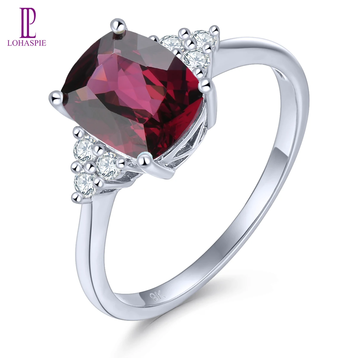Lohaspie Natural Rhodolite Granato Anello In Oro Bianco Reale 9K 2.46 Carati Diamante Genuino Romantico Fine Jewelry Style Gifts