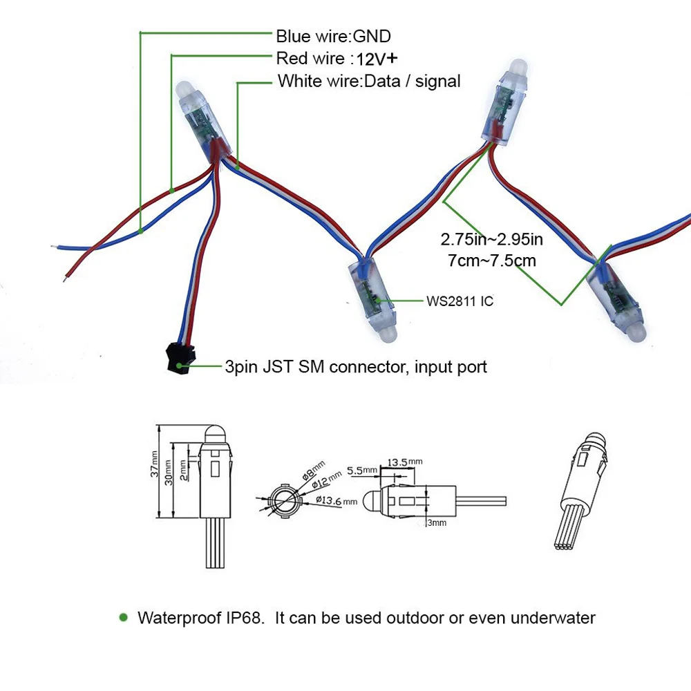 WS2811 2811 IC RGB 풀 컬러 LED 픽셀 모듈, 디지털 주소 지정 가능, 5V 드림 컬러, IP68 방수 조명, 12mm 픽셀, 50 개