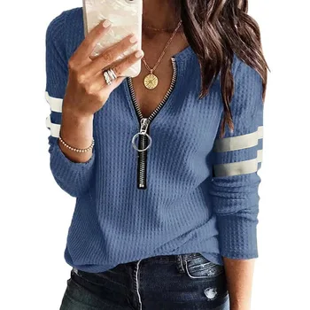 New Spring Fall Stripe Big Zipper Retro Sweater Long Sleeve Sweater Fashion Loose Pullover Womens Winter Sweaters Warm T-shirt 4