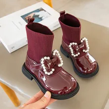 

Knit Ankle Boots Slip-on Round Toes Patent Leather Boot Children School Uniform Dress Shoe Kids Pearl Bowknot Shoes For Girl
