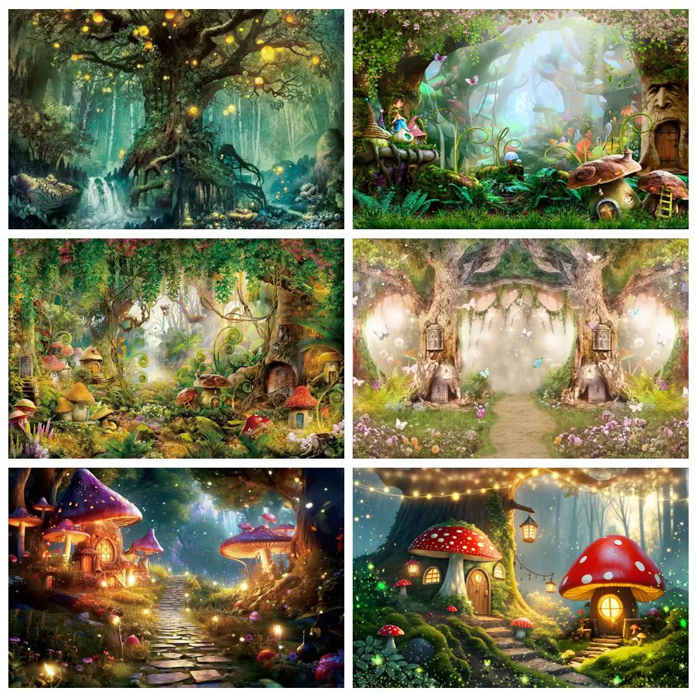 Dreamy Natural Jungle Forest Wonderland Backdrop Fairy Tale Mushroom Baby Birthday Party Photography Background For Photo Studio photo backdrop