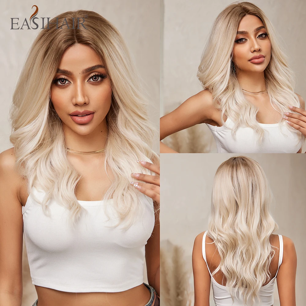 

EASIHAIR Long Platinum Lace Front Synthetic Wig Natural Wavy Brown Blonde Ombre Hair Wig for Women High Density Lace Frontal Wig