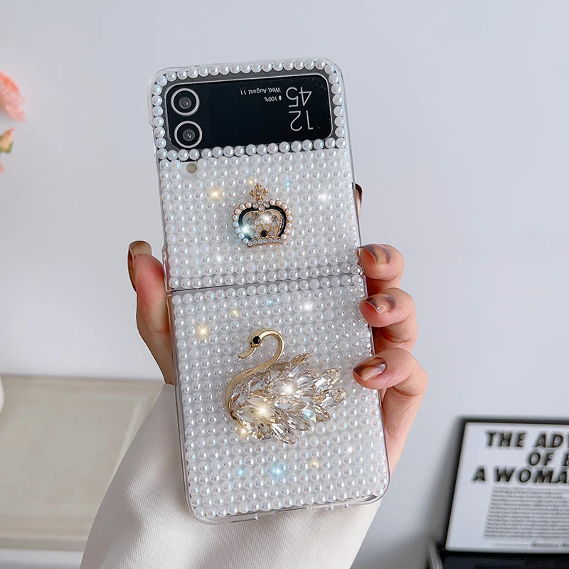 Case For Samsung Galaxy Z Flip 4 Z Flip 3 DIY Sparkling Pearl Crown Swan Hard Mobile Phone Case Cover