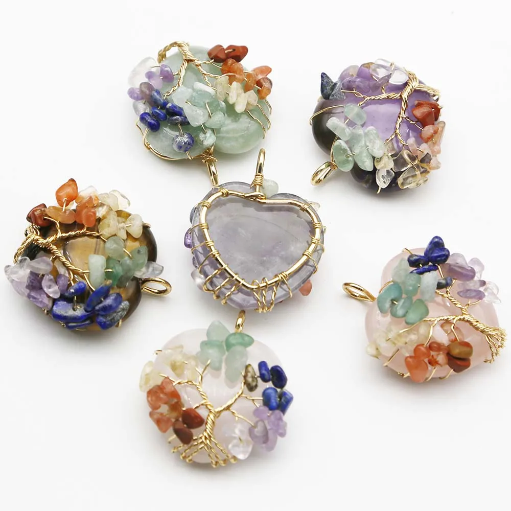 Natural Stone Heart Colorful Fortune Life Tree Pendants Amethyst Rose Quartz Necklace Charms Fashion Jewelry Gift Wholesale 4Pcs