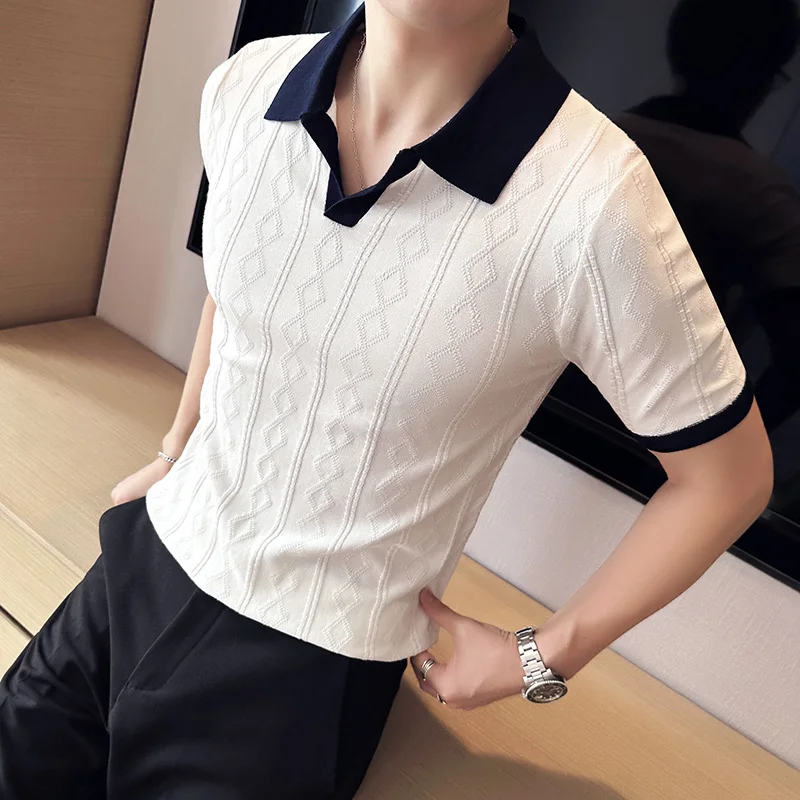 

Men's summer diamond check fashion striped jacquard knit short sleeve men's T-shirt V-neck color Polo shirt S-3XL