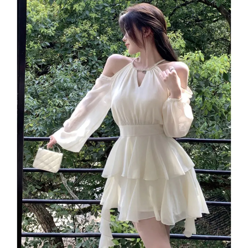 

Summer Irregular White Mini Dress Vintage Fairy Off Shoulder Long Sleeve A Line Dress Sundress Princess Holiday Dress Vestido