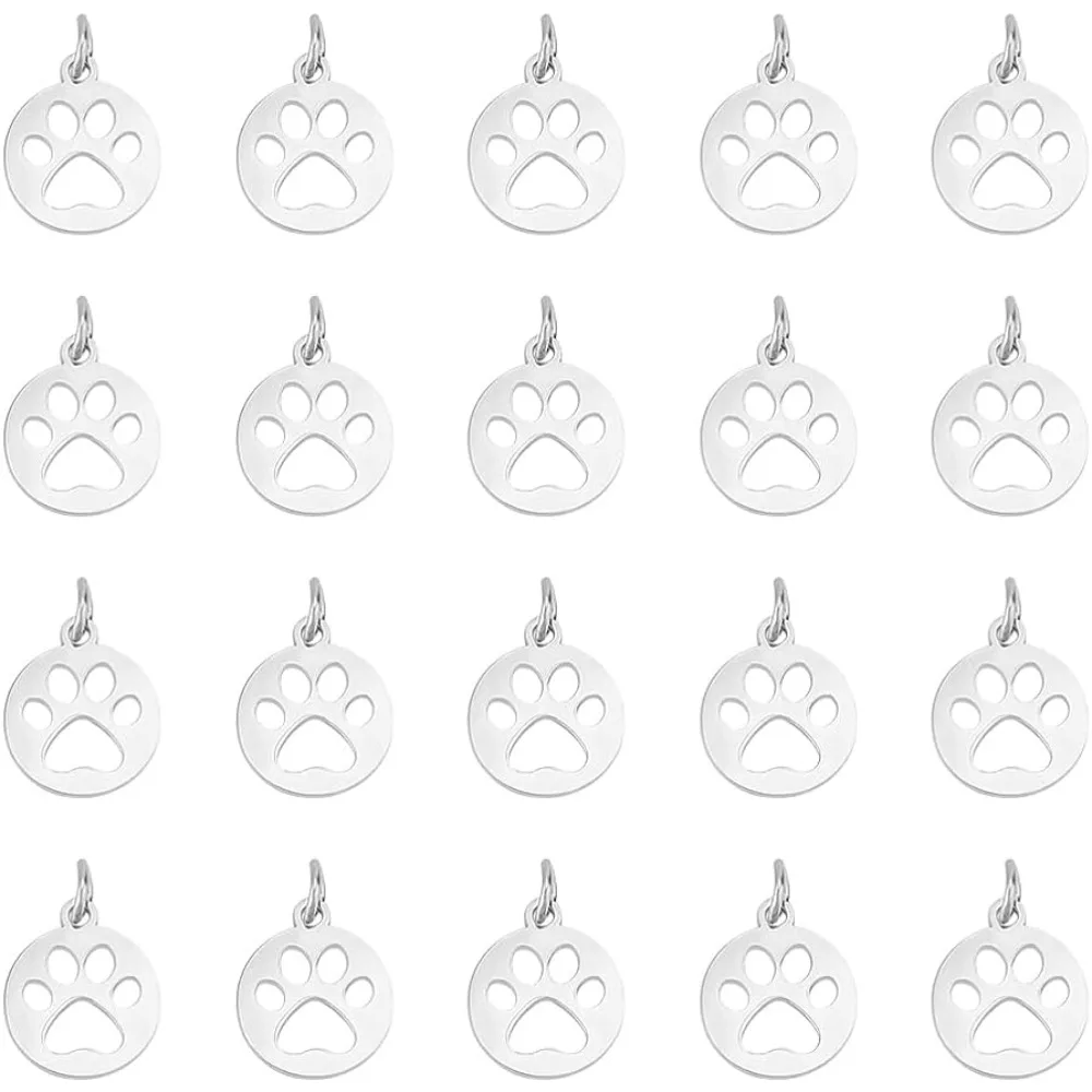 

20pcs Dog Paw Prints Charm 14mm Flat Round Stainless Steel Charm Pendants, 4mm Hole Cute Pet Print Charms for Necklace Jewelry