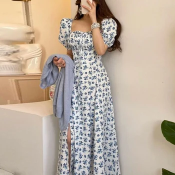 Elegant Puff Sleeve Floral Print Dress Women Summer High Split Long Dresses Woman 2025 Zipper Square Collar Party Dress Female