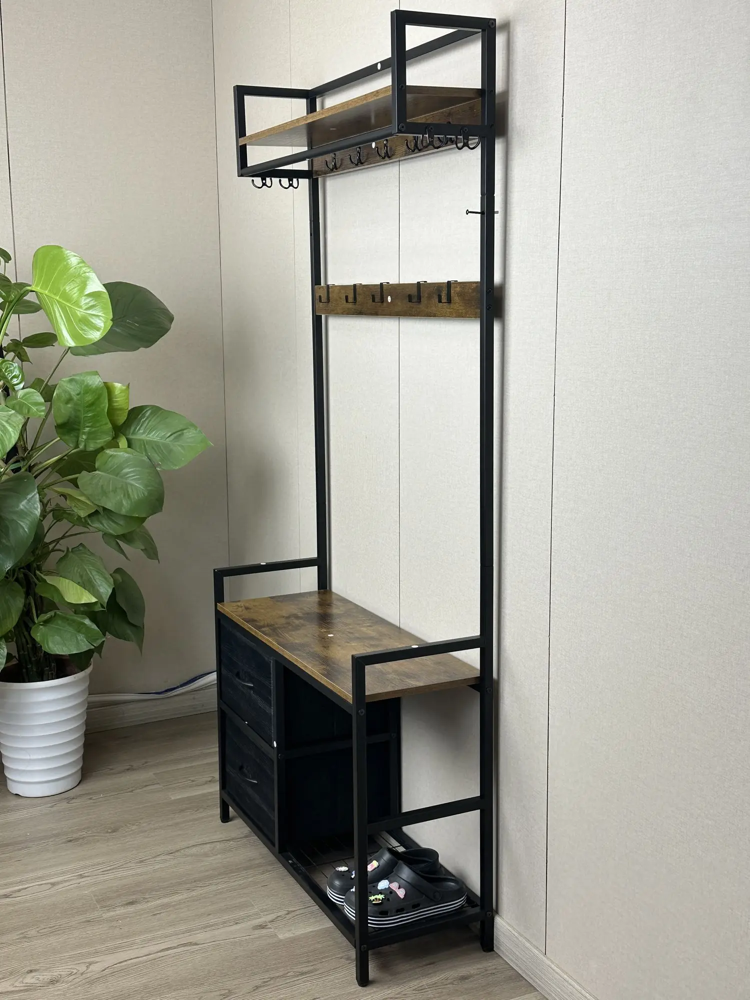 33.1" Wide Hall Tree with 2 Movable Drawers, Shoe Storage, Shelves and Garment Racks, 5-in-1 Entryway Bench with 23 Hooks