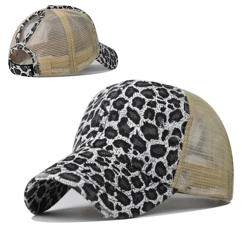 Women Cap with Ponytail Hole Summer Mesh Baseball Cap Female Leopard Printed Distressed Mesh Sun Hat Femme