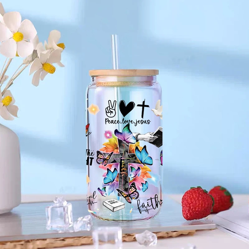 Christian Bible Faith Cross Design UV DTF Transfer Sticker WaterproofDecals For 16oz Libbey Glass Can Cup Wrap D7735 dtf transfer sticker
