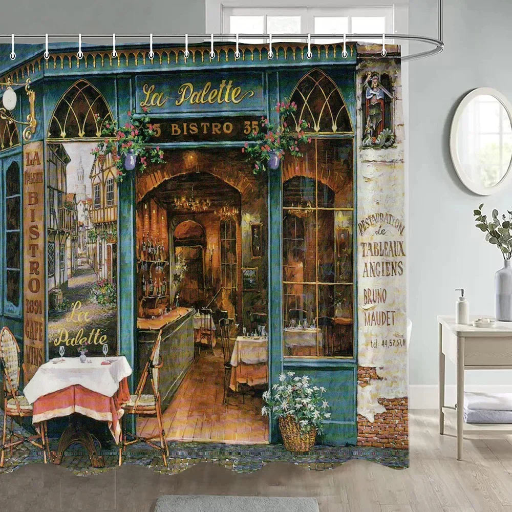 Retro Style Oil Painting Street View Restaurant Shower Curtain Building Bathroom With Hook Waterproof Washable Fabric Suit 3