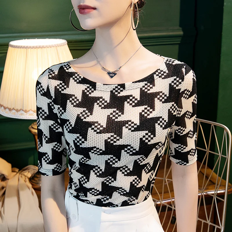 

High Quality 2024 Women Tops Gauze Splice Spring Summer T-shirt Female Lattice Clothing Sexy Crop Top Clothes Casual Blouse Y2k