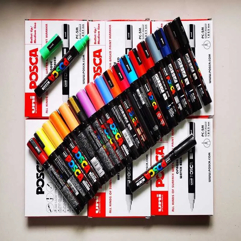 1pcs POSCA 마커 펜, 오리지널 Uni PC-5M 풀 컬러 Plumones 1.8  2.5mm 그리기 낙서 펜 마크 다양한 재료 최고의 선물