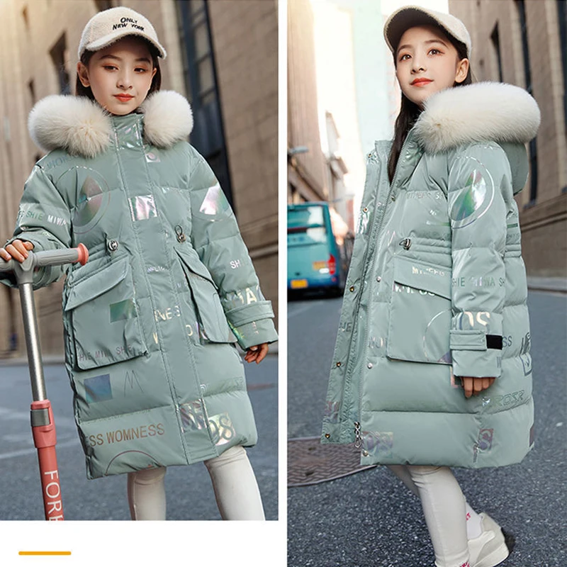 Down Jacket 5 6 8 10 12 14 Years Girls Down Jacket Winter Warm Long Style Parka Hooded Zipper Fur Collar Outerwear