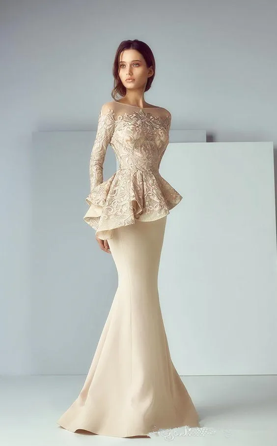 

Champagne Lace Stain Peplum Long Evening Formal Wear Dresses 2019 jewel Neck Long Sleeve Dubai Arabic Mermaid Prom Dress