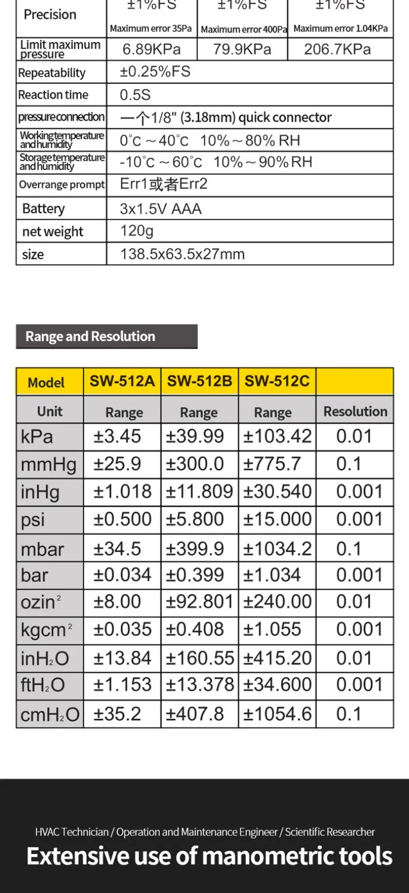 Description Picture 3 of itemSNDWAY SW-512 Digital Pressure Gauge Differential Gas Pressure Gauge Measuring Instruments Barometric Gauges SW-512B SW-512C