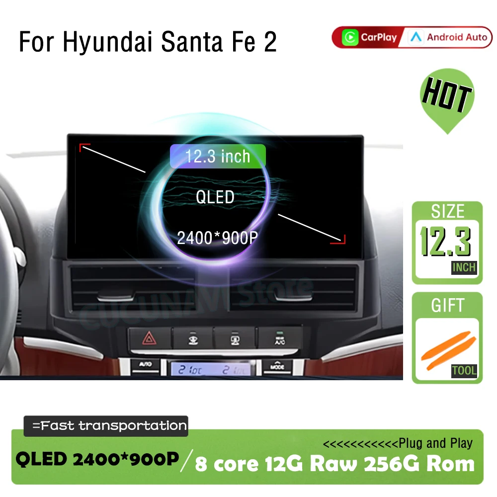 12.3 inch QLED 2400*900P For Hyundai Santa Fe 2 2006-2012 Wireless ...