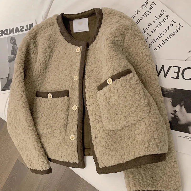 

Khaki Short Lambswool Women Jacket Autumn Winter Korean Fashion Vintage Style O Neck Single Breasted All-match Coat Tops Clothes