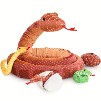 Giant Snake Stuffed Animal,  Large Mommy With 3 Babies & 2 Eggs Snakes Plush Toy, 79'' Long Red Boa Constrictor Gift For  Kids 1