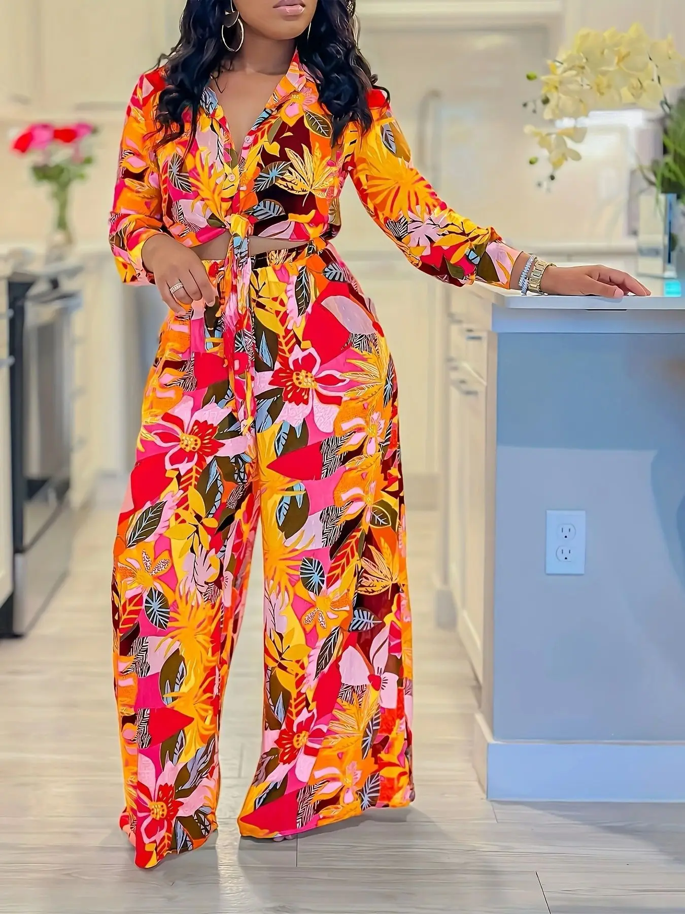 Women's Two-Piece Clothes Set Flower Floral Printing Lapel