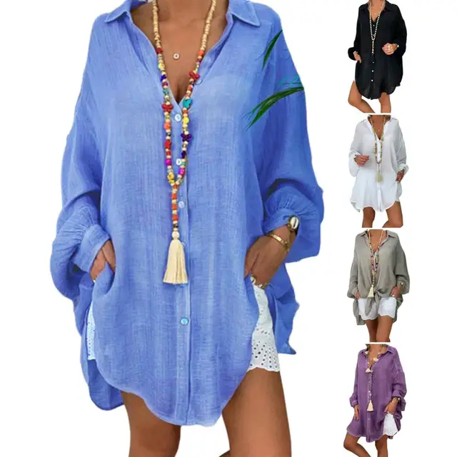 Loose Linen Shirts And Blouses Elegant Blouses For Women Summer Solid V-Neck Long Sleeve Causal Mid-length Loose 1