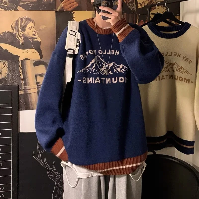 일본 스타일 레터 마운틴 스웨터 핏 멋진 남성 라인 의류, 겨울 트렌디 브랜드, 다목적 커플 학생 니트 탑