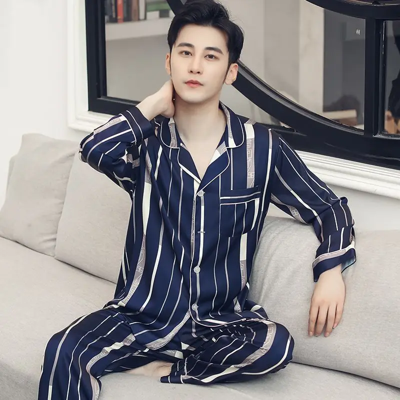 Summer Silk Sleepwear Men Pajamas Sets Tops Pants Two Pieces Loungewear Nightwear Lounge Suits Pajamas Loose Sleep Lounge New