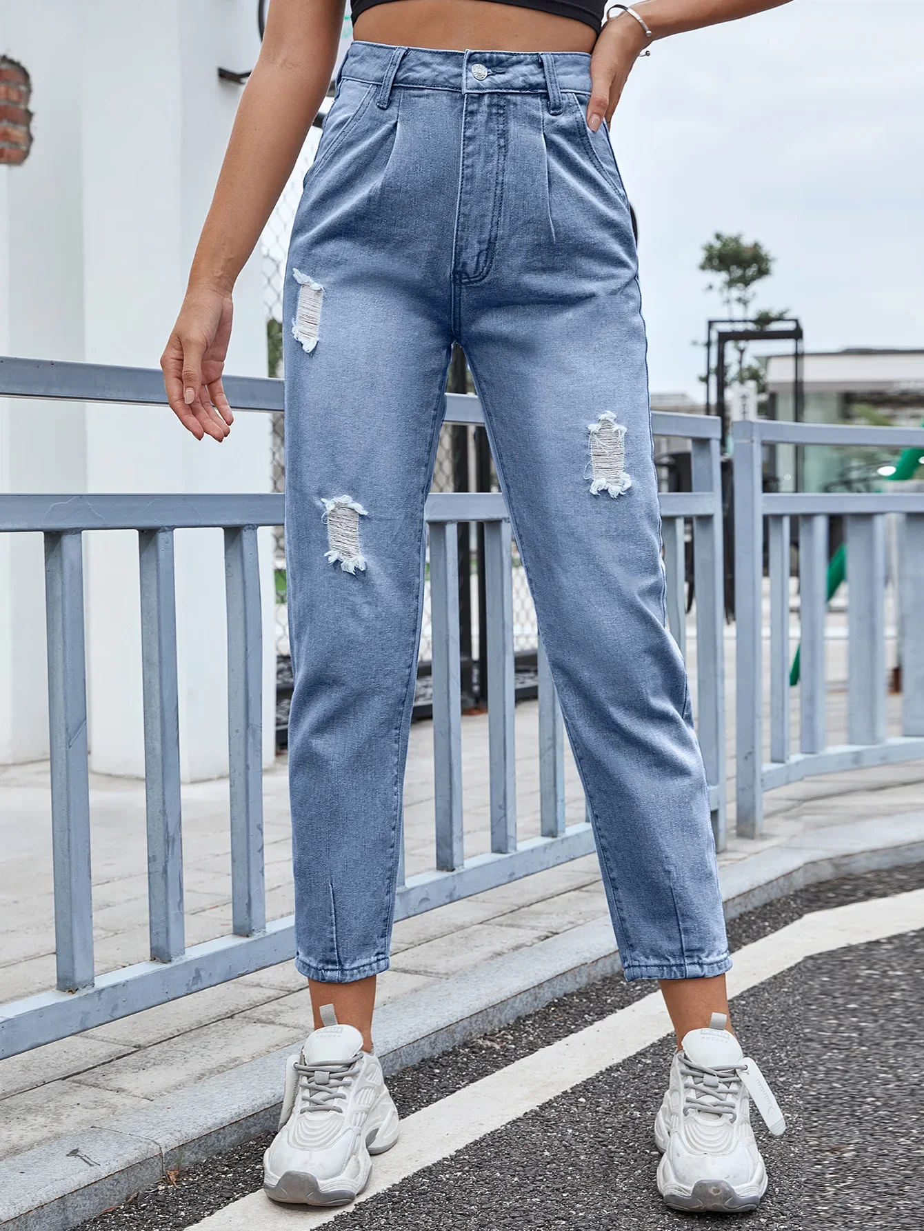 Distressed Women Jean Straight Pants High Waist Ankle Length Jeans Ripped Loose Fit Basics Washed Denim Pants Hole Autumn
