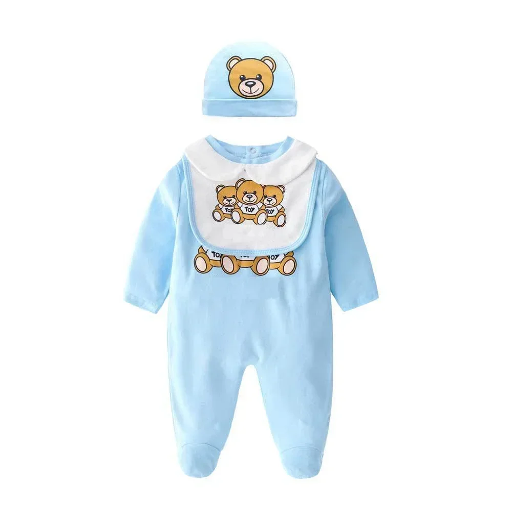 New Fashion high quality newborn baby girl clothes Mattresses cartoon bear new born baby boy romper and hat Bibs Set mattresses
