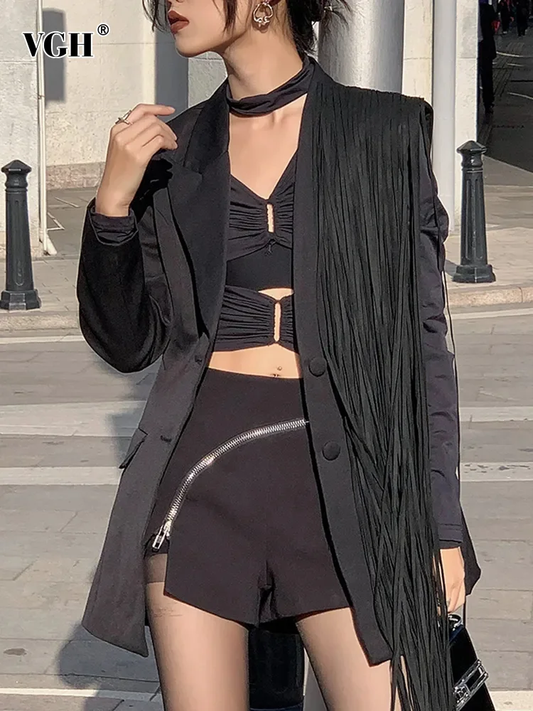 

VGH Solid Patchwork Tassels Blazers For Women Notched Collar Long Sleeve Spliced Single Breasted Casual Blazer Female Fashion