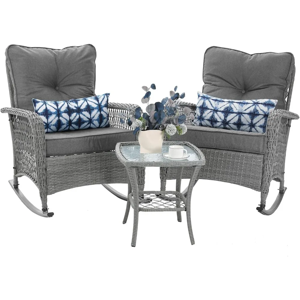 

Patio Furniture Set 3 Pcs, Wicker Rocking Bistro Set with Thick Cushions, Outdoor Chairs and Coffee Table, Garden Furniture Set