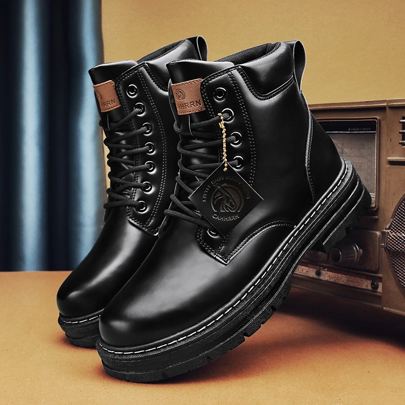 Mens Leather Boots Black for Men Winter Waterproof Lace Up Short Ankle Hiking