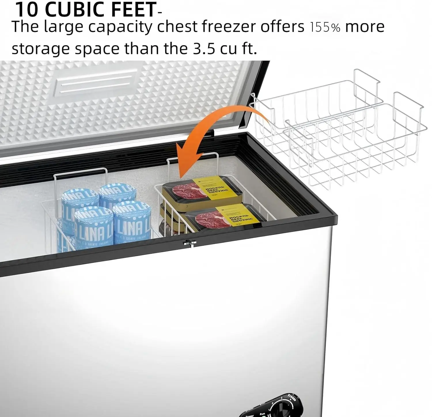 10 Cu Ft Deep Freezer - Large Chest Freezer with Removable Basket and Adjustable Thermostat - Freestanding Top Open Door Compact 3