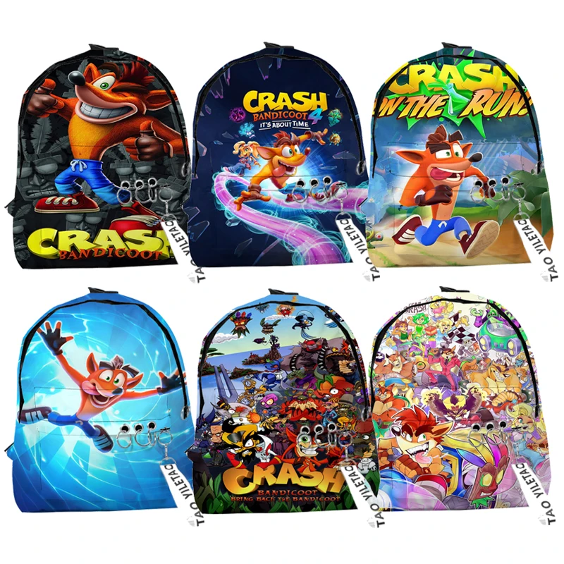 Crash Bandicoot On The Run Zaini Scolastici Ragazzi Ragazze Simpatiche Piccole Borse Da Viaggio Stampa 3D Oxford Borse Per Notebook Con Portachiavi Im